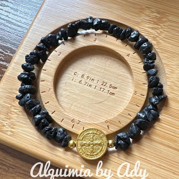 Lava rock gold Saint Benedict/San Benito beaded bracelet/ - Picture 1 of 6